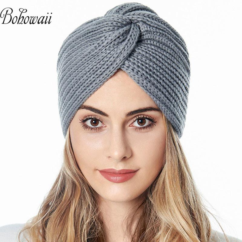 

BOHOWAII Muslim Winter Hats for Women Soft Turban Beanie Warm Cap Casual Knitted Hat Headwrap