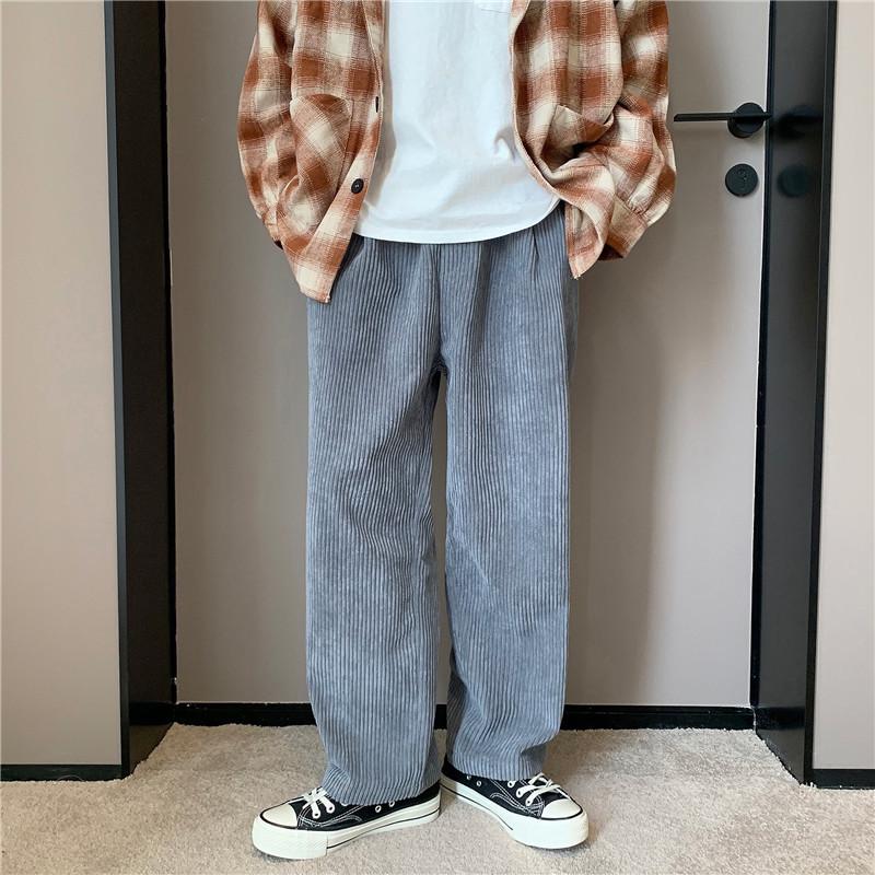 

Casual Pleated Corduroy Pants Men Autumn Winter Vintage Straight Drawstring Elastic Waist Loose Solid Color Trousers Male, Black