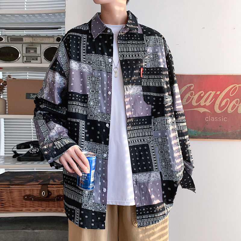 

2021 New Long Spring and Fresh Autumn Flower Shirt Size M- Wild Fashion Youth Male Campus FL6O, Retro black cashew.