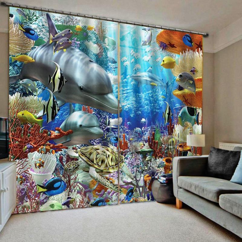 

Ocean curtains blue 3d Curtains Blackout for Living Room Kids Bedroom Fabric blackout, As pic