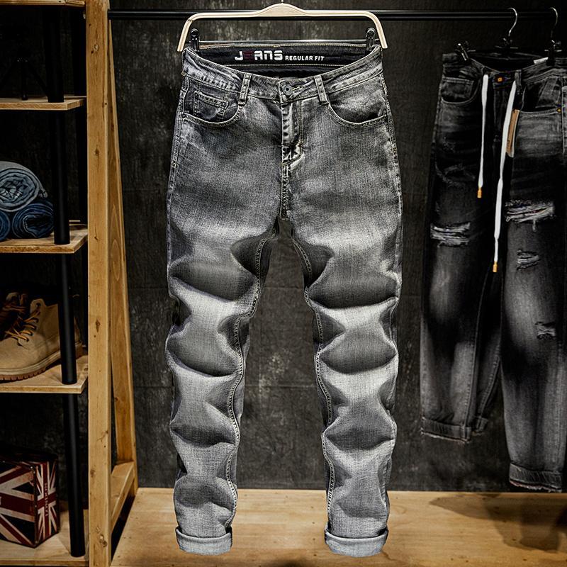 

2020 Spring Autumn Winter Fashion Men Jeans Grey Straight Fit Cotton Ripped Jeans for Men Casual Pants Basic Classical, 306