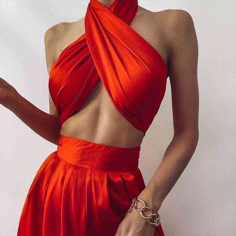 

Red Sexy Women Two Piece Set Pants Solid Sheath Halter Backless Bandage Crop Top And Elegant Pant Club Party Pant, White