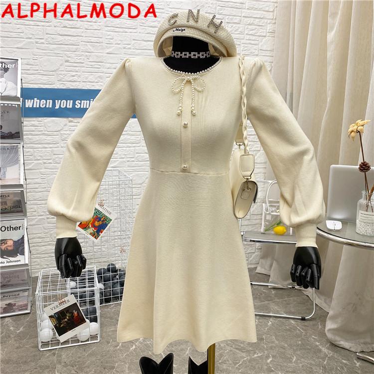 

ALPHALMODA 2020 Autumn New Beaded Collar Long-sleeved A-line Knitting Dress Solid Color Long-sleeved Women Elegant Dress, Beige
