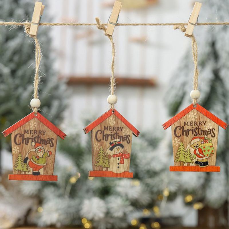 

Creative painting Santa Claus small house wooden pendant Hanging Ornament Christmas Decor adornos navideno decorazioni natalizie