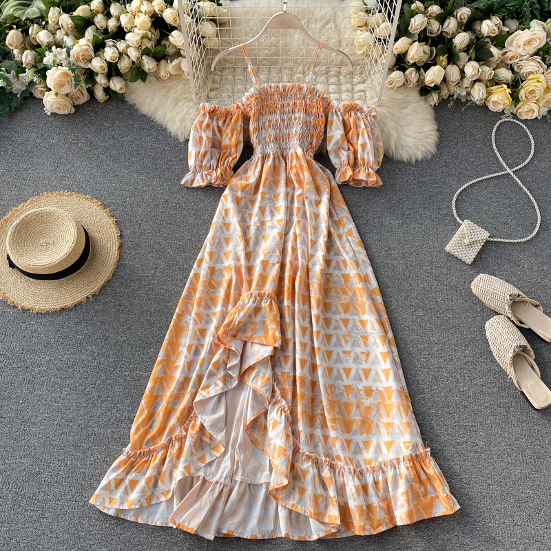 

2021 New Sloppy, slobbery female dress puff line long summer sexy off the shoulder strap dressed 6Q2F, Pink