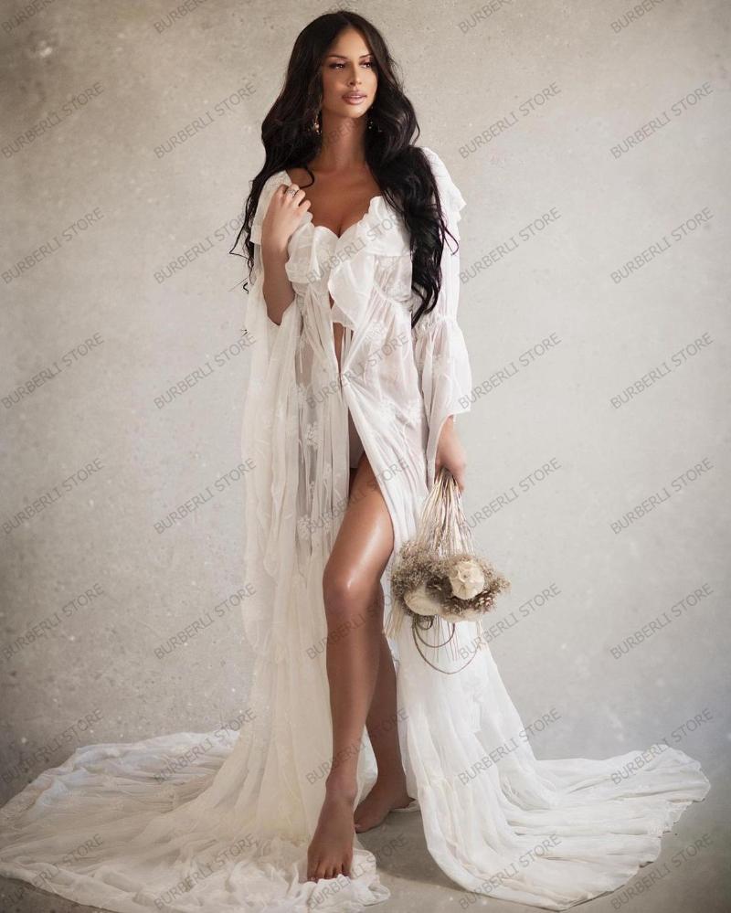 

White See Thru Ruffles Tulle A-line Long Robe For Pregnant Women Dresses To Photography Sexy V Neck Women Dresses To Photo-Shoto, Black