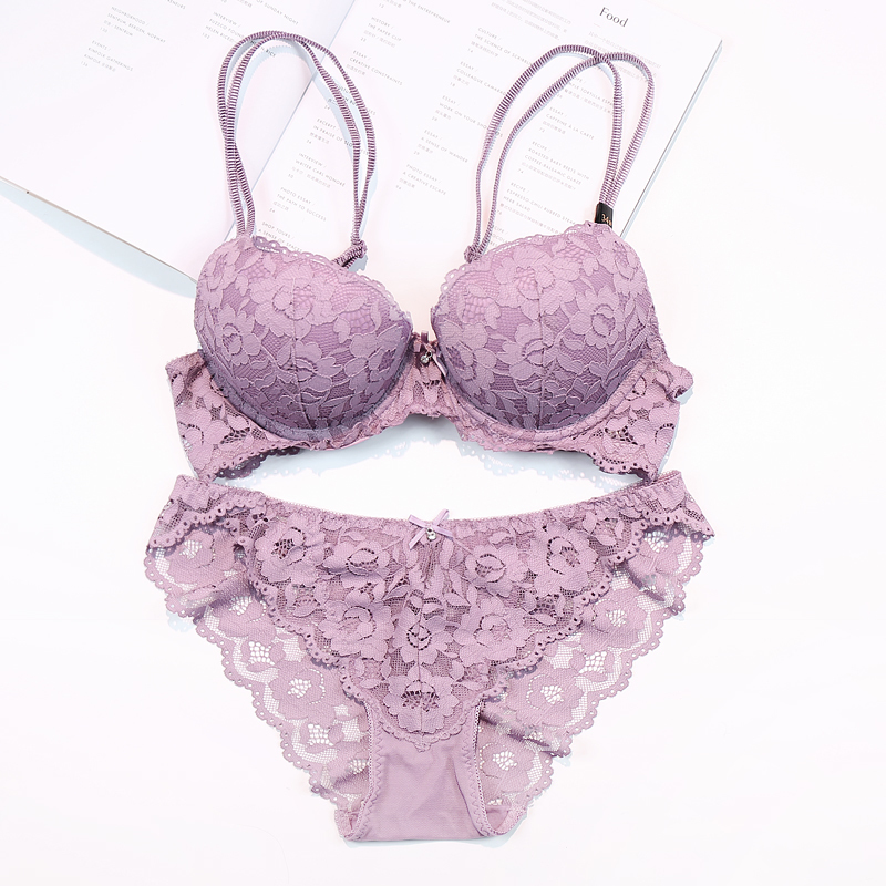 

Sexy lace embroidery flowers thin thick double shoulder strap bra set deep V-neck thickening women's push up underwear Y200708, Black
