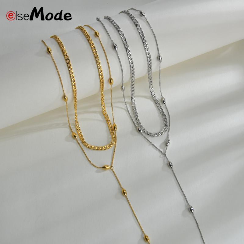 

ELSEMODE Multi Layer Beads Y-shaped Choker Necklace For Women Gold Color Clavicle Neck Stainless Steel Necklace