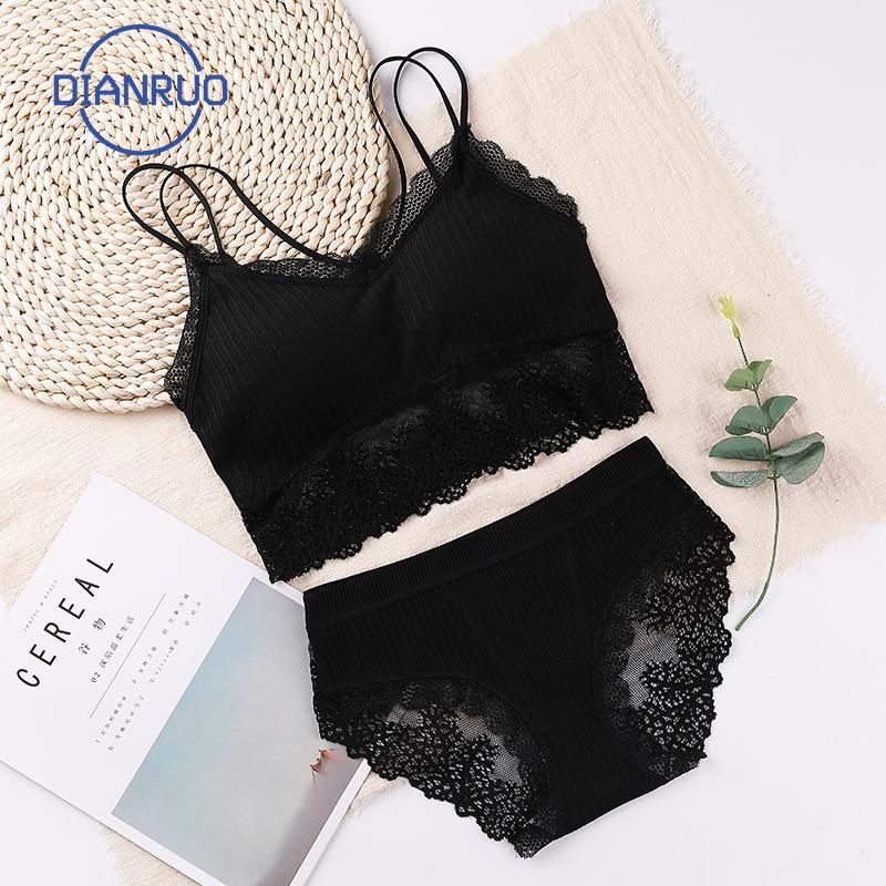 

DIANRUO 2PCS Bra and Briefs Sexy Butterfly Beauty Back Set Underwear Suspender Cross Mesh Lace Sexy Breast Wrapped Girl N665, Black