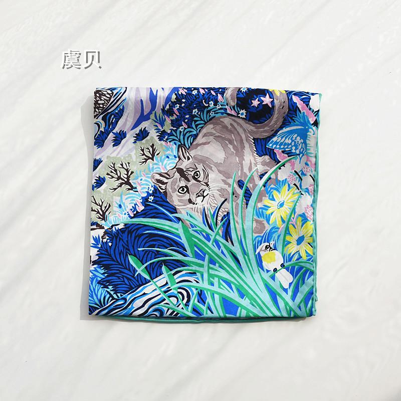 

Blue natural silk scarf printed with animals for women 100% real silk soft and high quality big square wrap shawl gift for lady