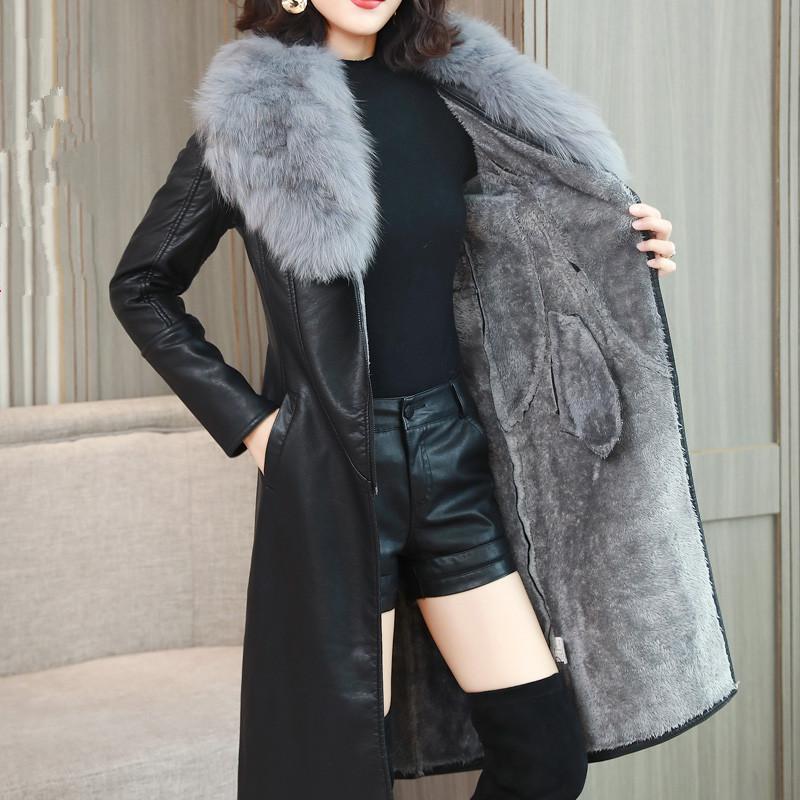 

Women 2020 Long Coat Faux Leather Jacket Winter Jacket Women Real Fur Collar Thicken Parka Pp322, Black-gray fur