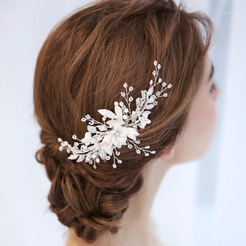 

Handmade Crystal Flowers Floral Headpiece Wedding Accessories Bridal Silver Color Hair Comb Piece Pearls Women Prom Jewelry Clips & Barrette, Golden;silver