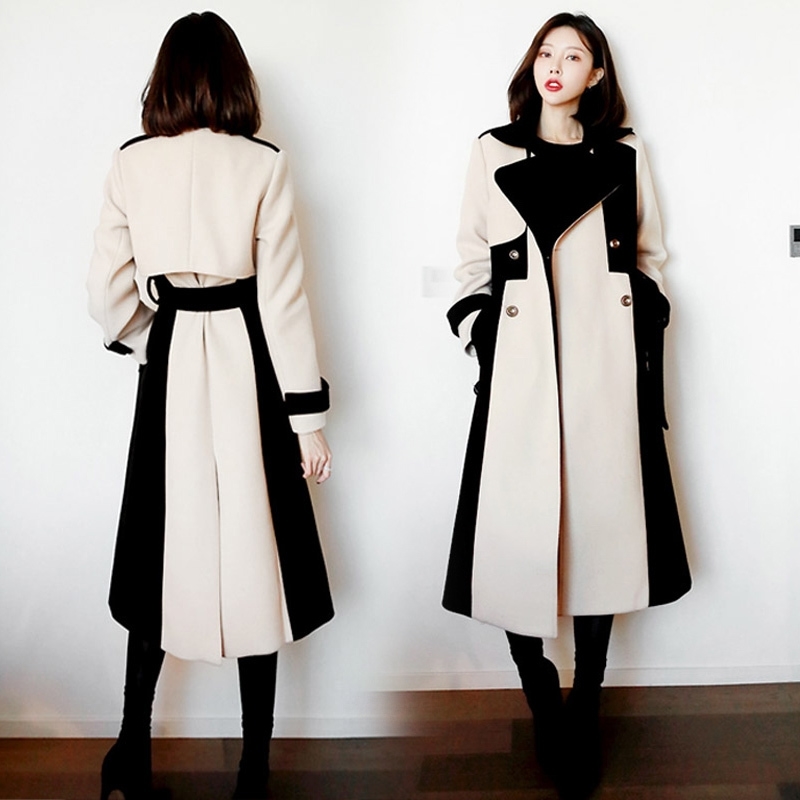 Women Elegant Long Wool Coat Winter Office Lady Double-Breasted Lapel Collar Belted Jacket Coats Female Woolen Outerwear 201111