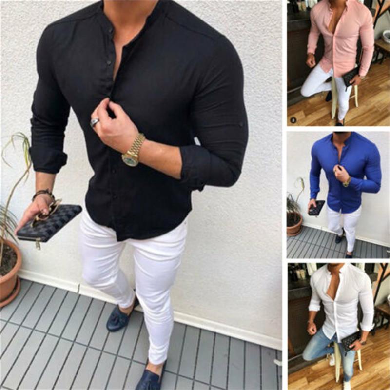 

2020 Hot Men's Slim V Neck Long Sleeve Muscle Solid Shirt Casual Shirts Tops Blouse Men Fit Buttons Shirt Drop Shipping, Black
