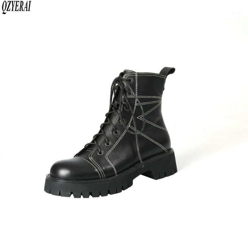 

2021 Autumn winter women's boots leather thick bottom lacing boots British style thick heel ankle motorcycle1, Beige