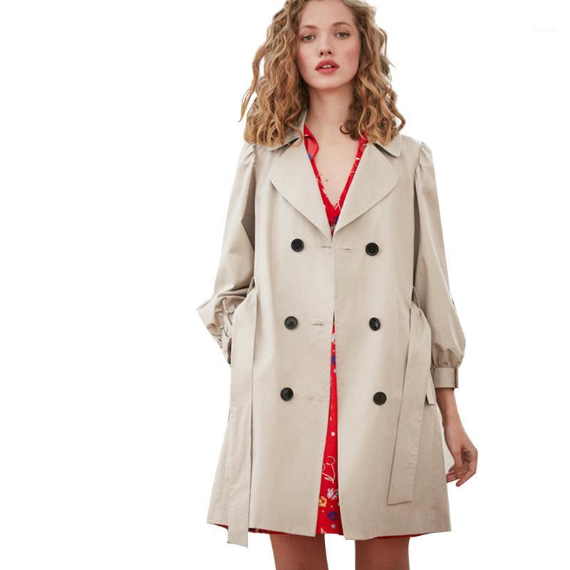 

Khaki long sleeve notched collar trench coats women ladies spring elegant balloon sleeve belted double breasted outwear tops1, As picture