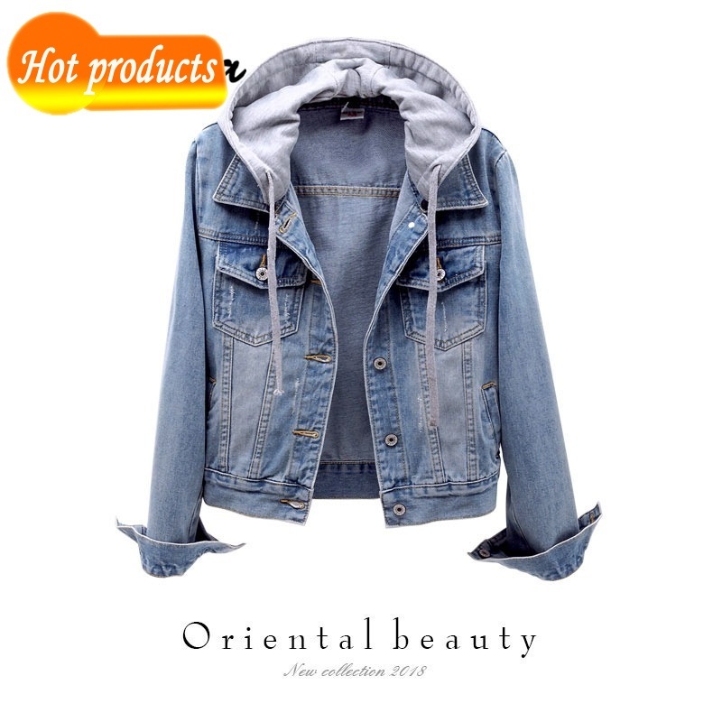 

Vintage denim Autumn torn with hood outerwear blazers Basic female boyfriend jacket jeans plus size 3SBR, Light blue.