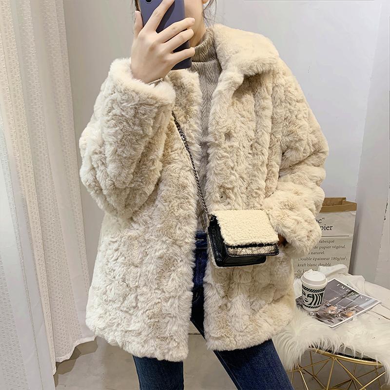 

2021 New Autumn Winter Women Turn-down Collar Short Faux Fur Jackets Female Wide-waisted Long Sleeve Coats Casual Warm Tops B153, As pic