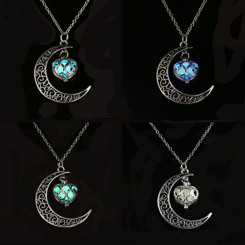 

Moon Love Heart Shaped Pendants Necklace Hollowing Out Luminescence Chain Fashion Jewelry Women Men Necklaces 3 2lx K2B, Silver