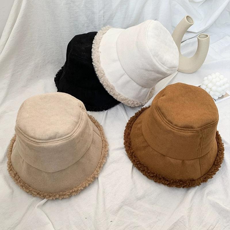

Bucket Hats for Women, Trendy Japan Winter Faux Fur Sun Fishing Hat Fishmen Cap Winter Bucket Hat Furry Warm Lamb Wool Cap, Black
