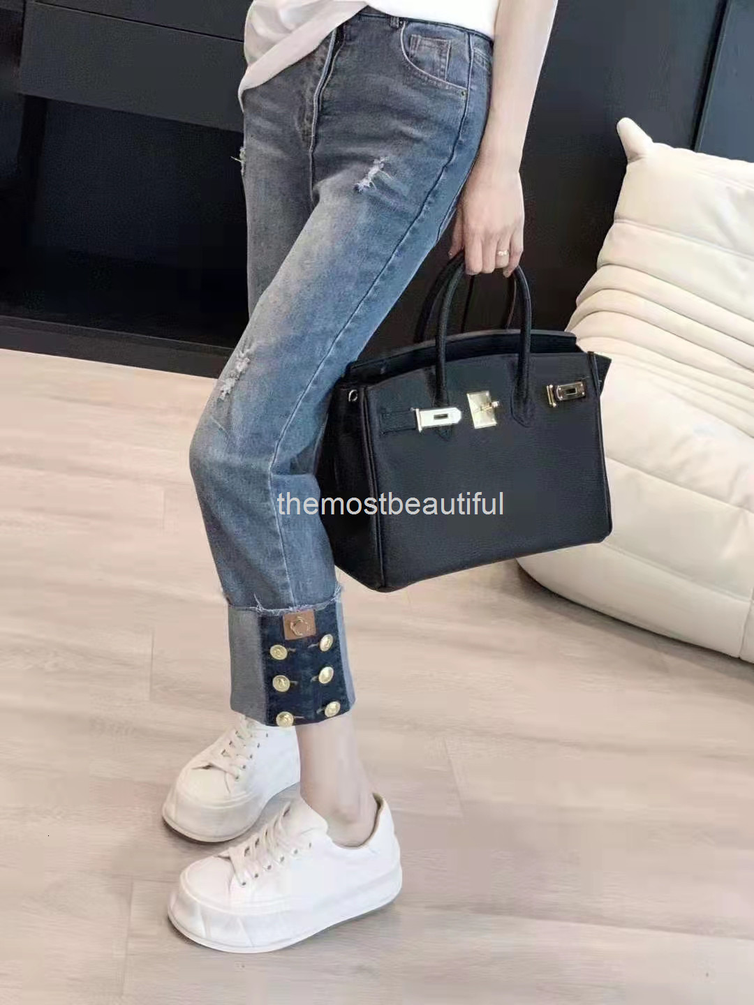 

Women's Jeans Small fragrance straight tube Navy button jeans women's spring clothes high waist blue versatile casual pants, Deep blue