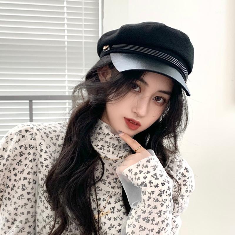 

2Colors Women PU leather Hat Spring Autumn Sailor Hats Black Ladies Beret Caps Captain Cap Travel Cadet Octagonal Hat(C081061