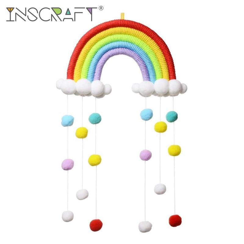 

Colorful Rainbow Macrame Wall Hanging Decoration Cotton Tassel Kids Room Decor Boho Nursey Dorm Woven Pom Pom Ball Ornament