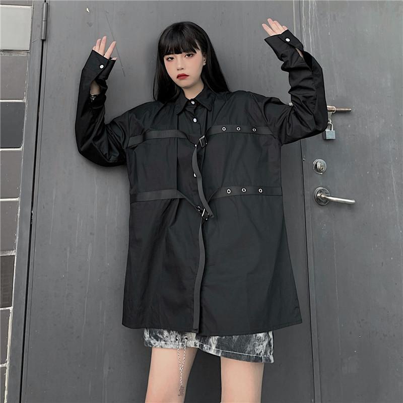 

Unisex punk style spring fall Shirts Streetwear Women's Clothing plaid vetement femme chemisiers et blouses femme plus size Tops, Black