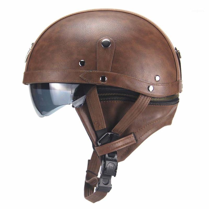 

Motorcycle Helmets Leather Vintage Helmet Half-Helmet Visor With Collar Open Face Half Motor Dual Lens Moto German Solder1, 02