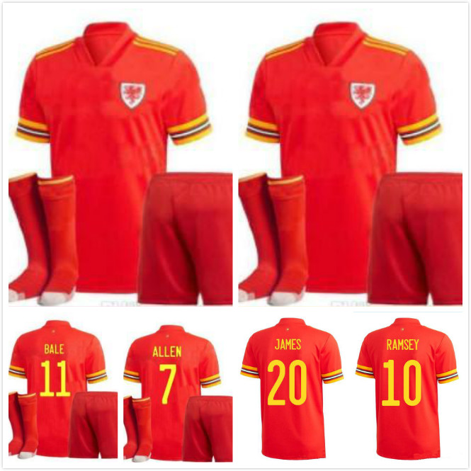 

20/21 Wales Soccer Jersey 2020 Home Red #7 ALLEN #11 BALE Adult suit + socks Shirt National team short sleeve football uniform, Orange