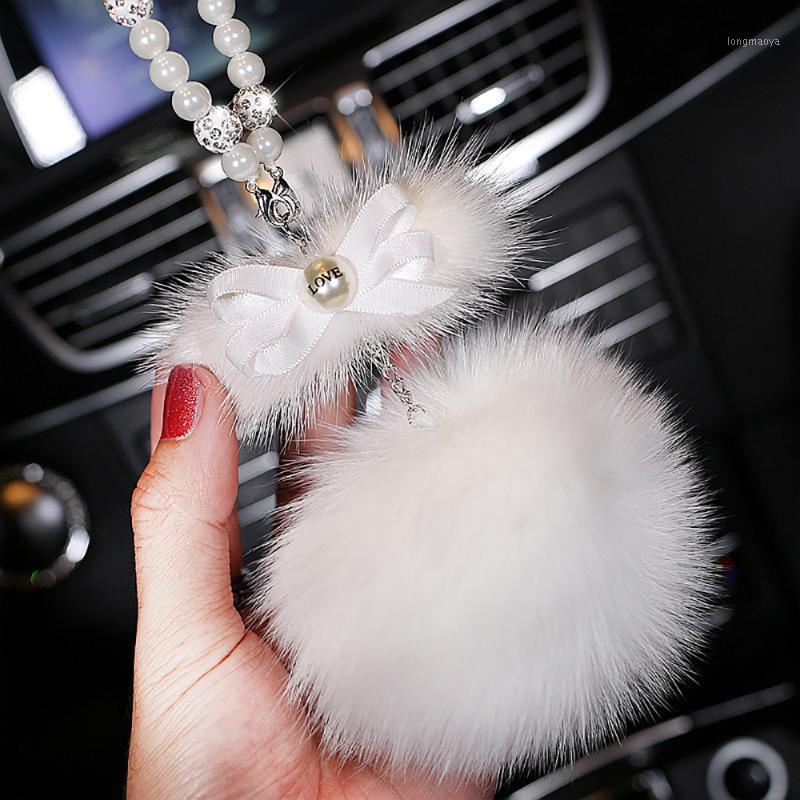 

Hot Car Pendant Cute Bowknot Ball Decoration Ornaments Rearview Mirror Hangings Dangle Trim Automobiles Interior Decor Gifts1