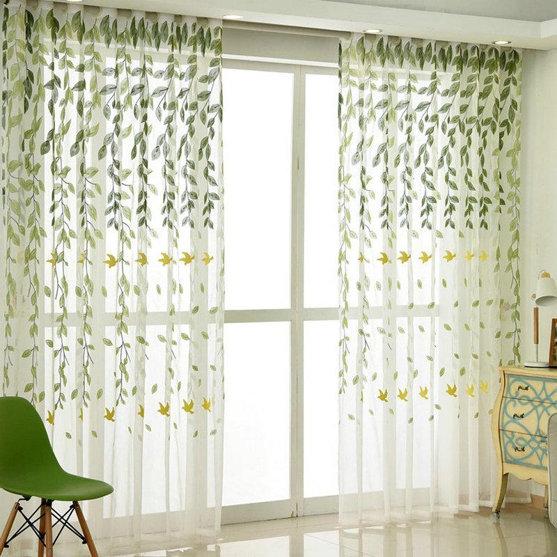 

BIGMUM Green Vine Voile Tulle Birds Sheer Curtains Leaves Room Devider Window Screening for Kitchen Transparent Yarn Customized