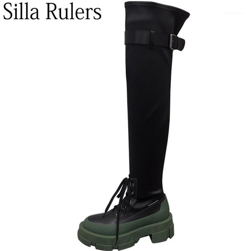 

Runway Green Thick Sole Over The Knee Boots Woman Elastic Stretch Long Boots Woman Belt Lace Up Elastic For 20211