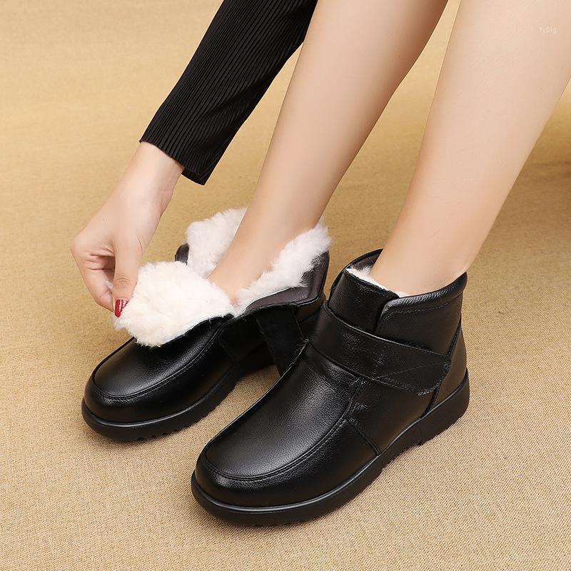 

winter boots ankle shoes female women woman ladies lady genuine real leather cowhide plush fur warm hook loop injection footwear1, Black