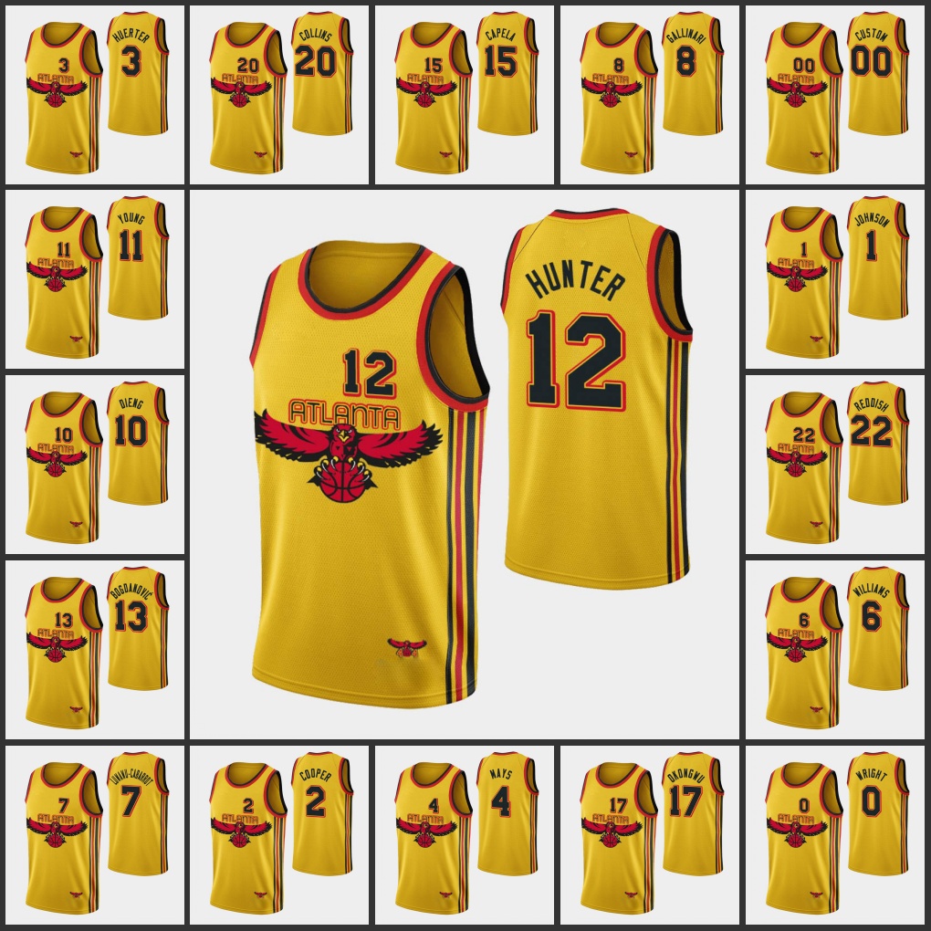 

Atlanta Hawks''Men Lou Williams Trae Young De'Andre Hunter Cam Reddish Delon Wright 75th Anniversary Custom City Gold Edition Jersey