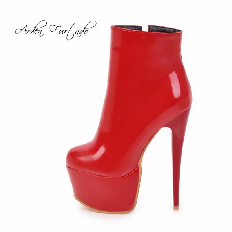 

Arden Furtado 2020 winter high heels 16cm sexy stilettos ankle boots night club shoes for woman white red short plush boots 48, Black