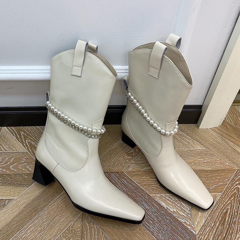 

SKLFGXZY New winter Genuine leather The calf boots Women boots Aliens with Fashion black white pearl Women shoes