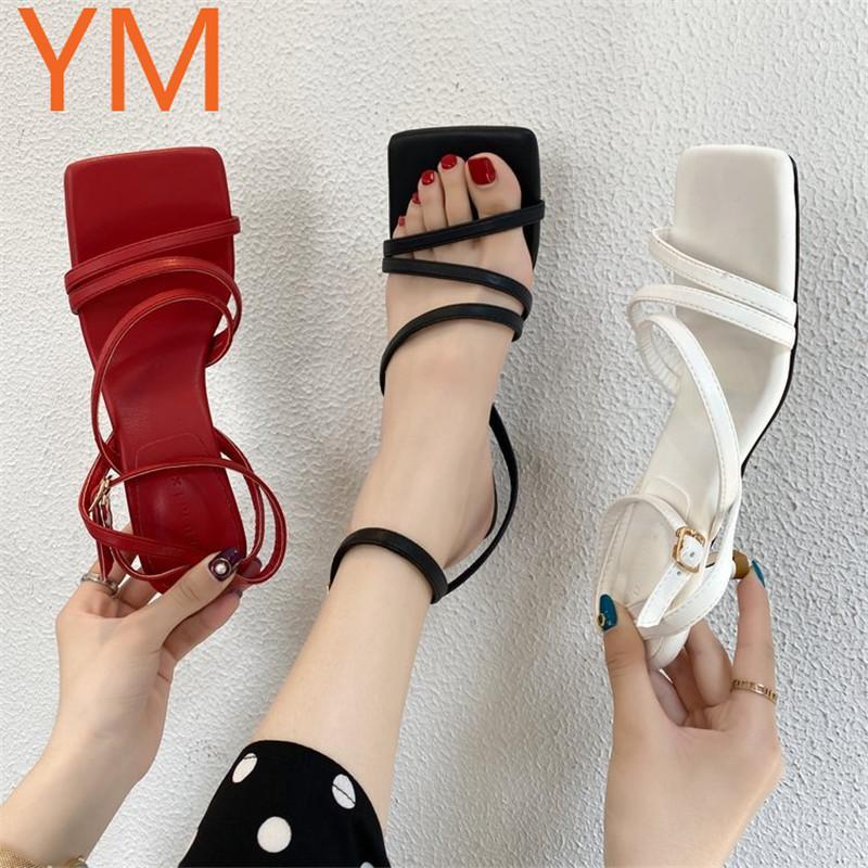 

2020 Women' Sandals Female Stilettos Summer Pumps Red Square Toe PU Ankle Buckle Strap Ladies Mid Heels PU Fashion Casual Shoes1, Black