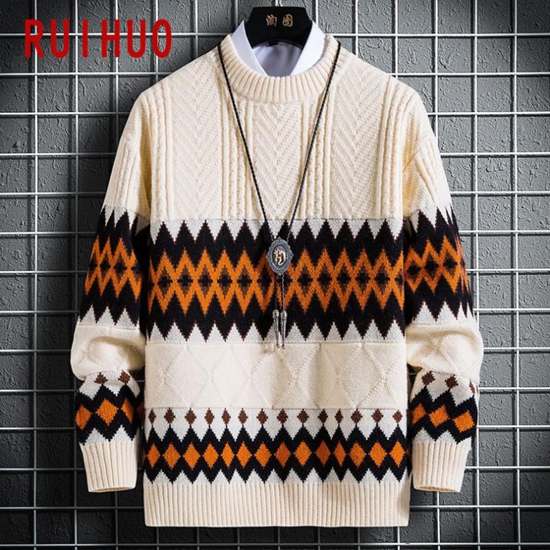 

RUIHUO Argyle Knitted Sweater Men Clothing Pull Sweaters Winter Men Clothes Pullover Mens Coat 2020 Autumn Winter New -3XL, Black