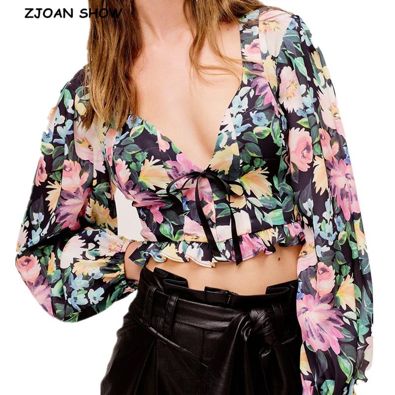 

2020 Stylish Women Sexy Tie bow Front Ruffle Hem Slim Fit Pullover Cropped Shirt High waist Short Blouse French Tops, Black