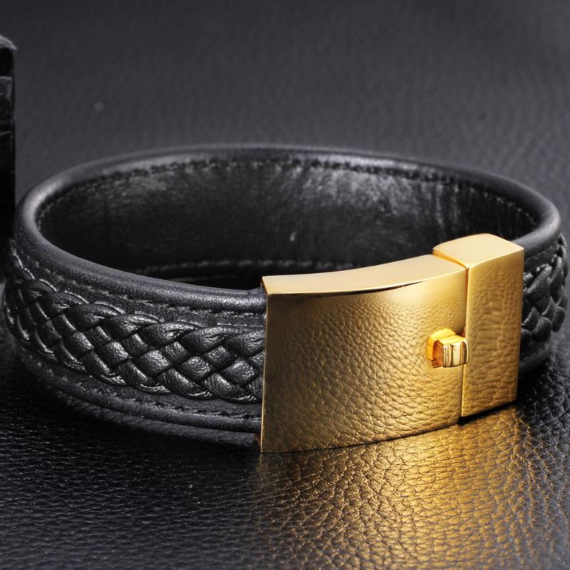 

Tennis 20MM Wide Golden Stainless Steel Men's Hand Bracelet Braided Genuine Leather Cuff Bracelets Bangles Boys Jewellery Logo Engrave