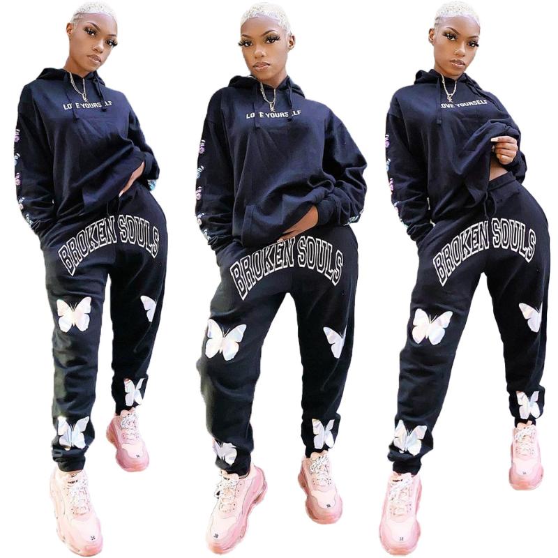 

Women' Hip Hop Training Two Piece Set 2020Loose Butterfly Hoodie Hooded Sweatshirt Sweatpan Sweatsuit Running Jogger Suit Plus, As pic