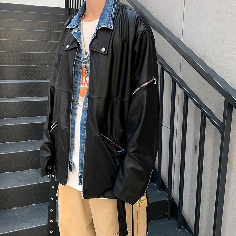 

New Men's 2021 Jackets -spring Spring Fresh Ribbons Two Wild Pieces Denim Leather Jacket S-4xl AAWR, Black and blue