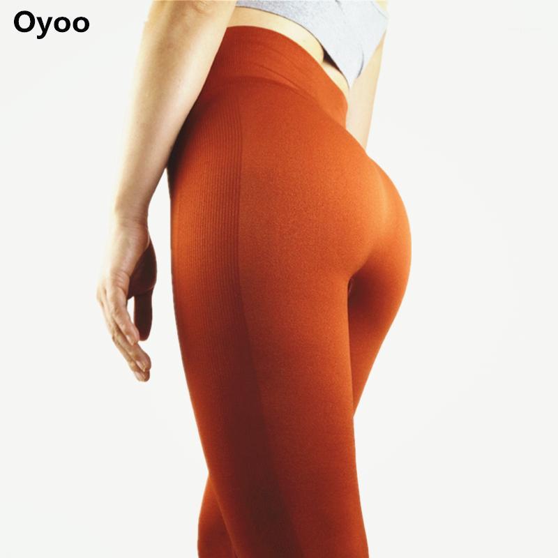 

Oyoo Seamless High Waist Pink Yoga Pants Comfy 3/4 Length Stretch Sport Gym Leggings For Women Side Stripes Orange Jogging Pants1