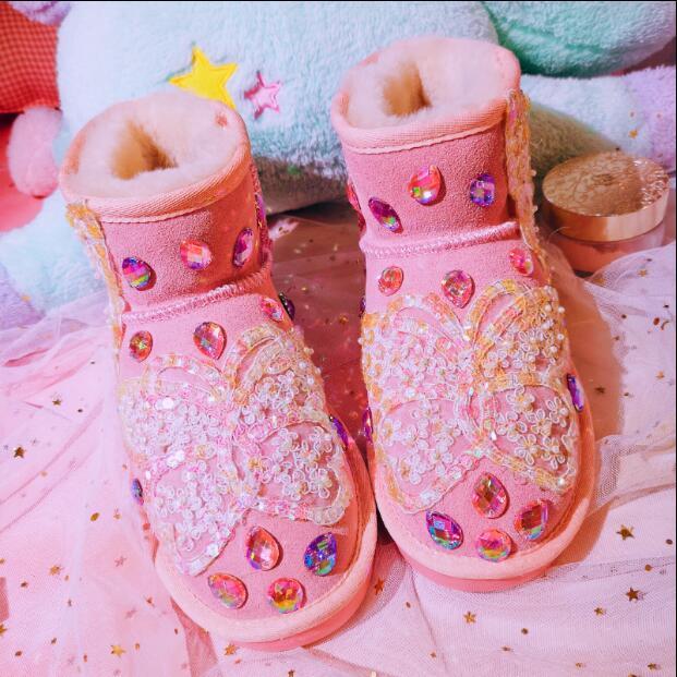 

2020 Craftsmanship Sweet Flat Butterfly Sequins Women's Cotton Shoes Sheep Leather Snowshoes R4lf, Pink