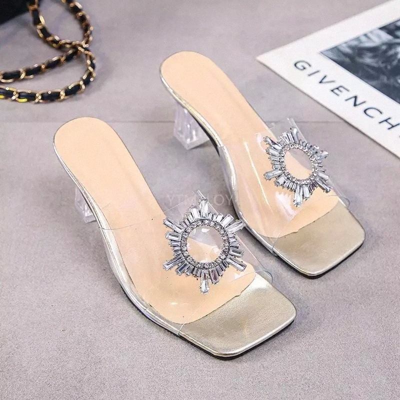 

2021 New PVC Transparent Pumps High Heels Pointed Toe Crystal Bling Women Wedding Pumps Beach Slippers Zapatillas Mujer Casa #9f5O