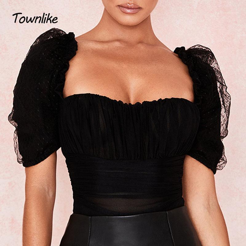 

Townlike Mesh Sexy Bodysuit Women Short Puff Sleeve Rompers Womens SummerJumpsuit Overallls1, Black