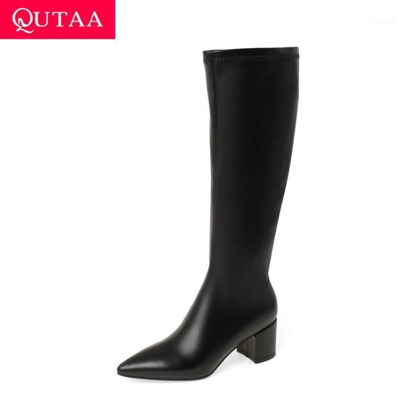 

QUTAA 2021 Knee High Women Boots Quality PU Pointed Toe Women Shoes Autumn Winter Fashion Zipper Square High Heels Big Size34-431, Beige