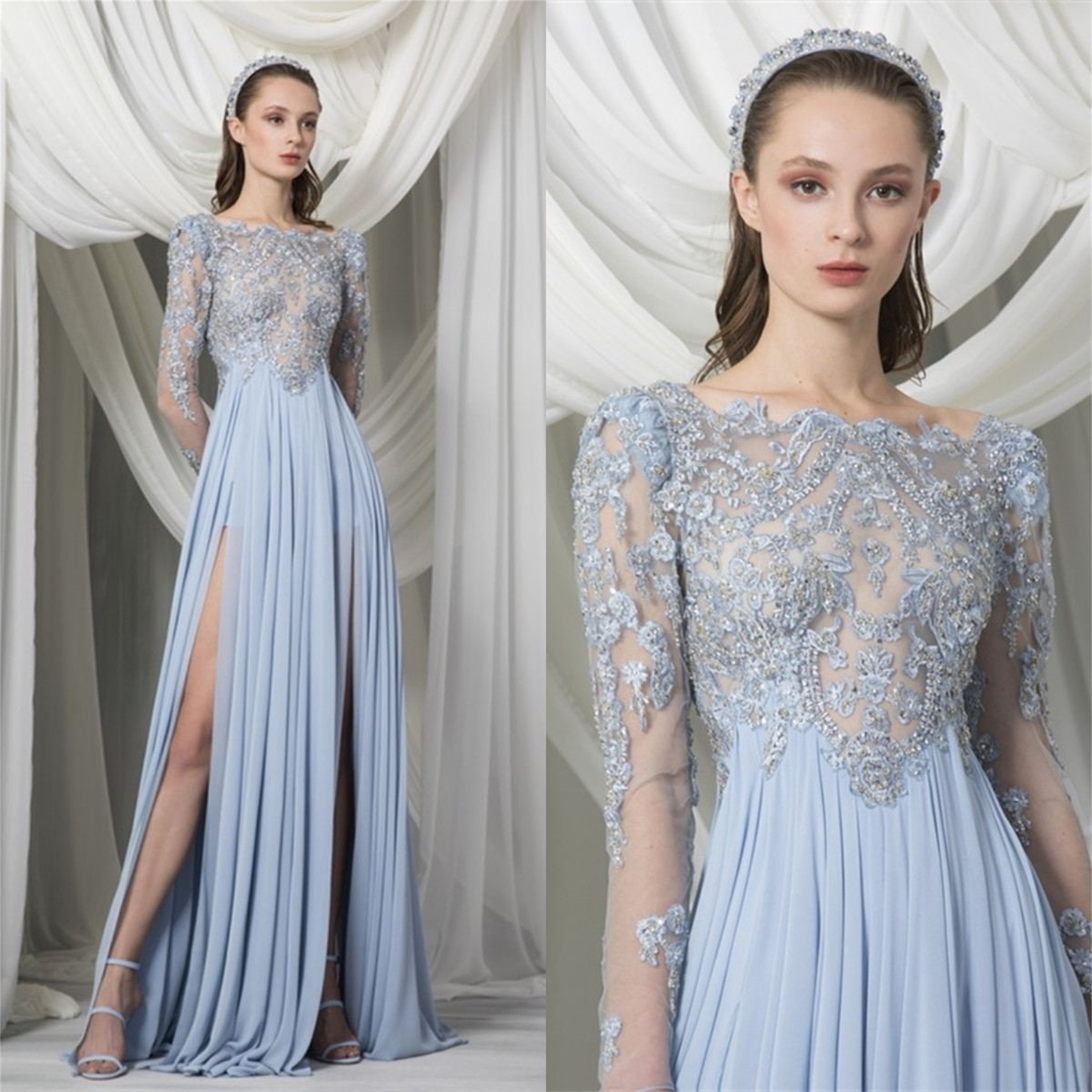 

2021 New Evening Dresses Long Sleeves Lace Appliques Beads Prom Gowns Custom Made Sweep Train Plus Size A Line Special Occasion Dress, Sage