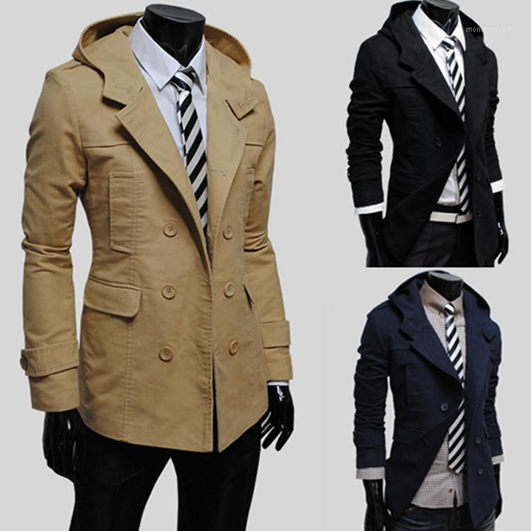 

Newest Men's Windswear Fashion Self-cultivation Long Coat with Hat Windswear Simple Pure Color Coat Black Trench Men1